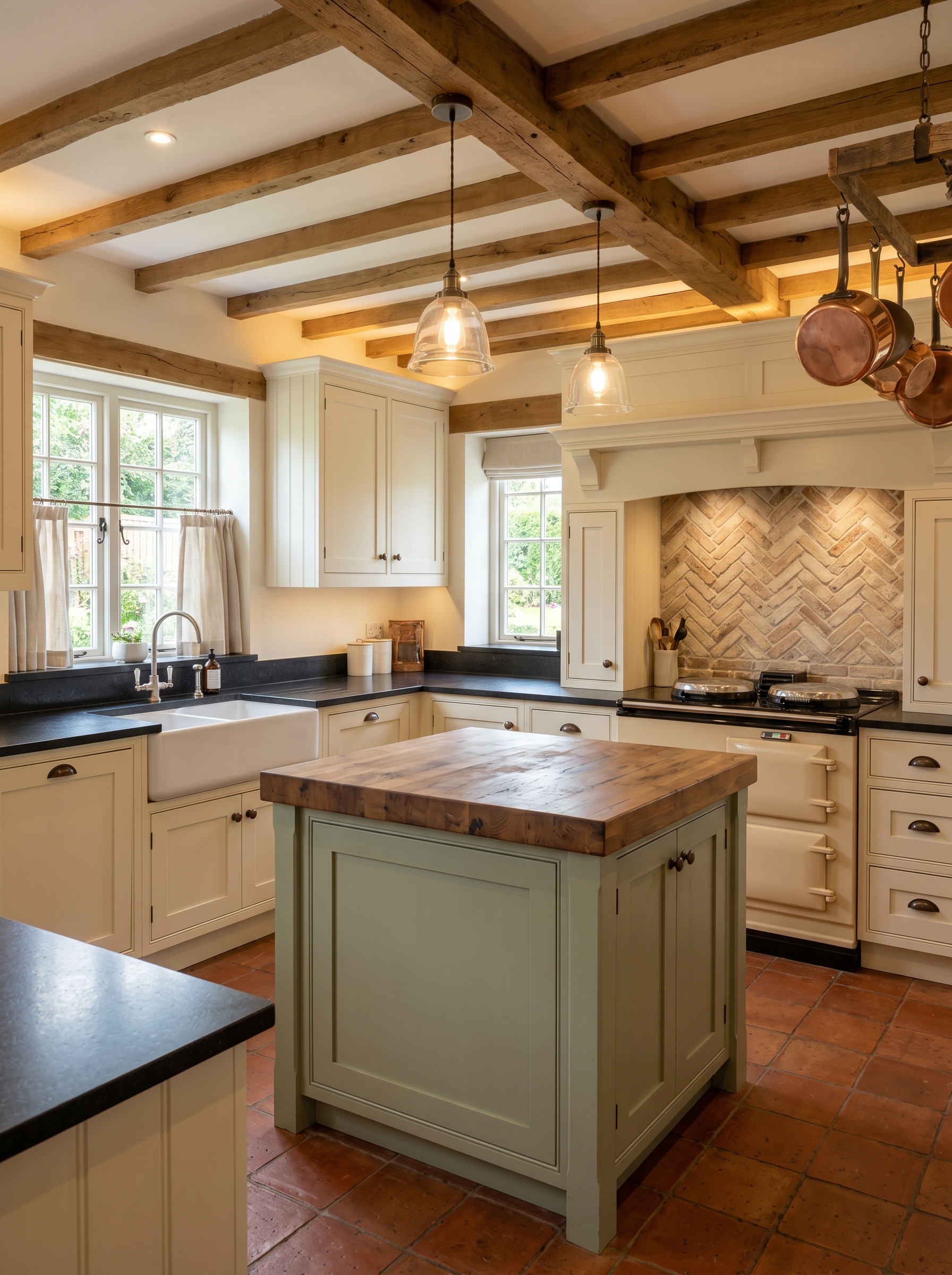 Open-concept kitchen with sage green cabinets, unlacquered brass hardware, and butcher block island